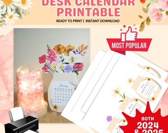 2024 Floral Desk Calendar Printable, Floral Calendar, Mini Desk Calendar, Printable, Monday and Sunday start,  2025 Calendar