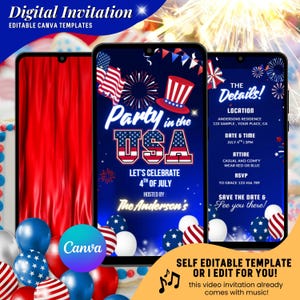Invitation vidéo numérique modifiable pour la fête du 4 juillet, invitations animées du 4 juillet, modèles modifiables pour une fête en plein air, invitation patriotique Evite