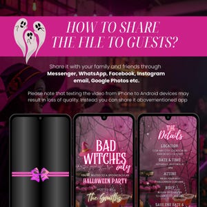 May include: A Halloween party invitation with a pink and black theme. The text reads "How to Share the File to Guests?" and "Bad Witches Only". The invitation includes details for location, date, time, attire, and RSVP information.
