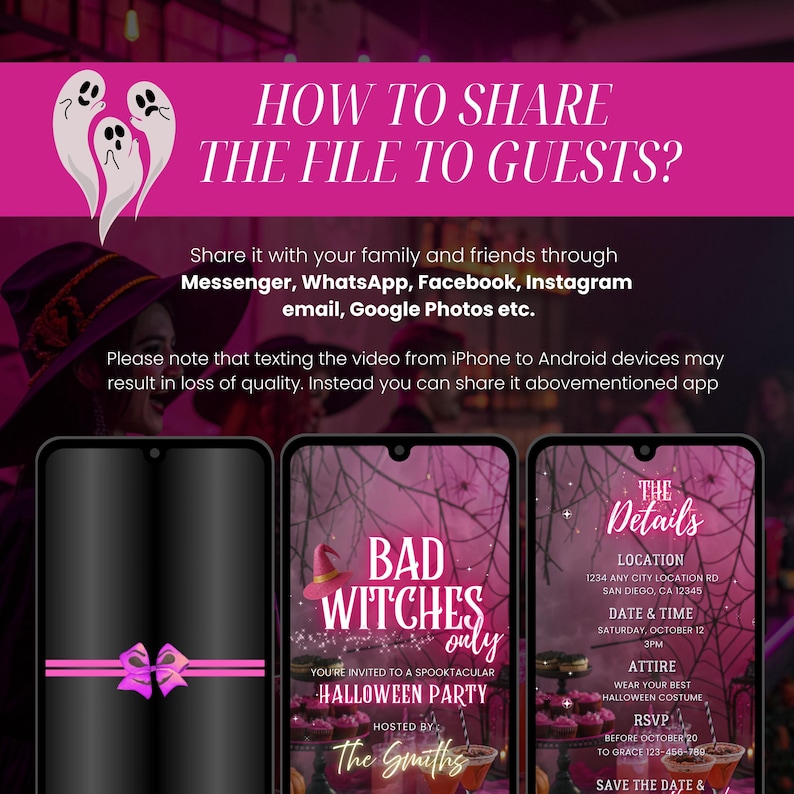 May include: A Halloween party invitation with a pink and black theme. The text reads "How to Share the File to Guests?" and "Bad Witches Only". The invitation includes details for location, date, time, attire, and RSVP information.