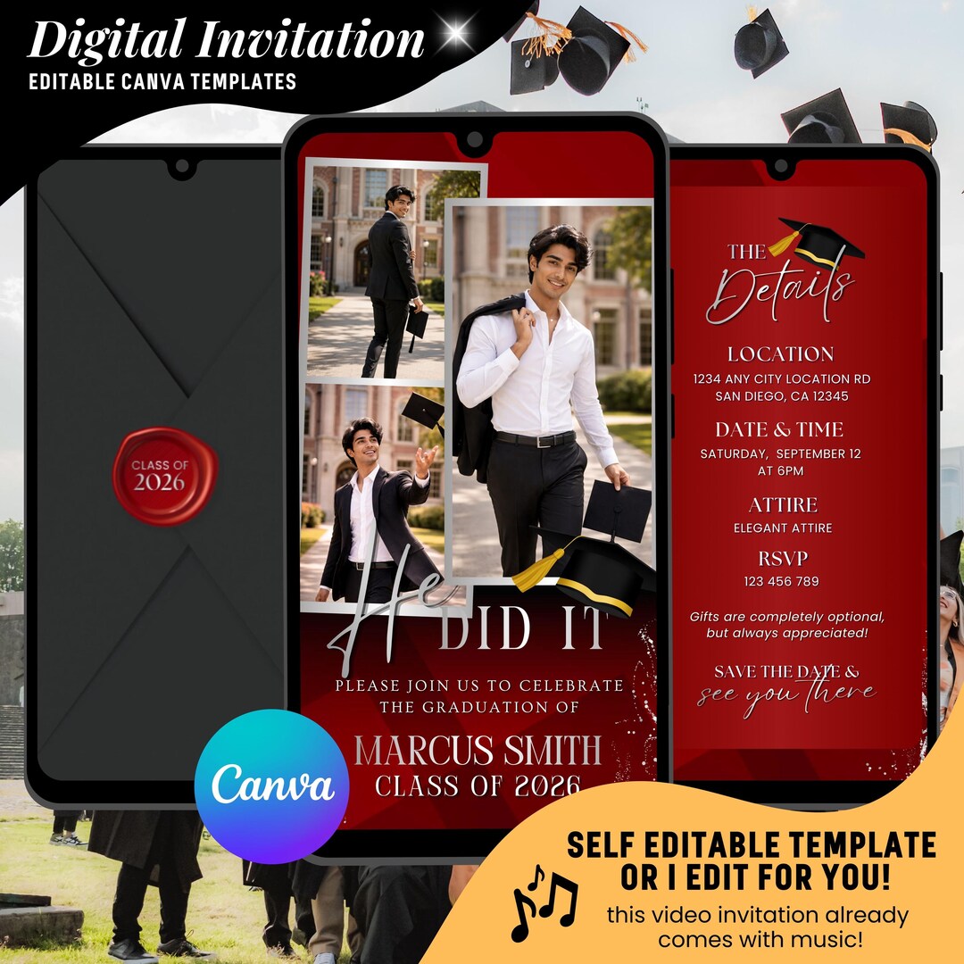 Red Graduation Video Invitation, Editable College or High School, All ...