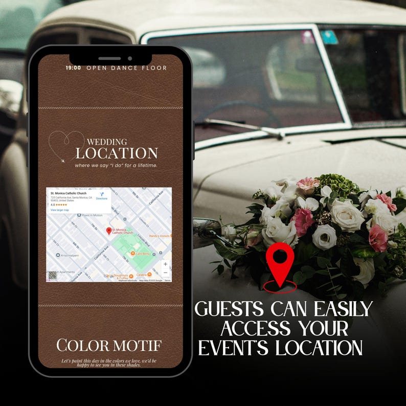 May include: A smartphone screen displays wedding details, including a map, color scheme, and the text "Guests can easily access your event's location." A bouquet of white and pink flowers rests on a vintage car.