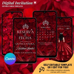 May include: A digital invitation template for a Quinceañera featuring a deep red rose background, a silver crown graphic, and white text including 'RESERVA la FECHA', 'Kristina Santos', and 'SÁBADO, 10 DE MARZO DE 2026' displayed on smartphone screens.