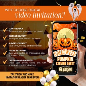 Może przedstawiać: Cyfrowe zaproszenie wideo na Halloween Pumpkin Carving Party. Projekt zawiera dynię, pełnię księżyca i tekst. Obraz promuje ekologiczne, natychmiastowe, budżetowe i udostępniane zaproszenia.
