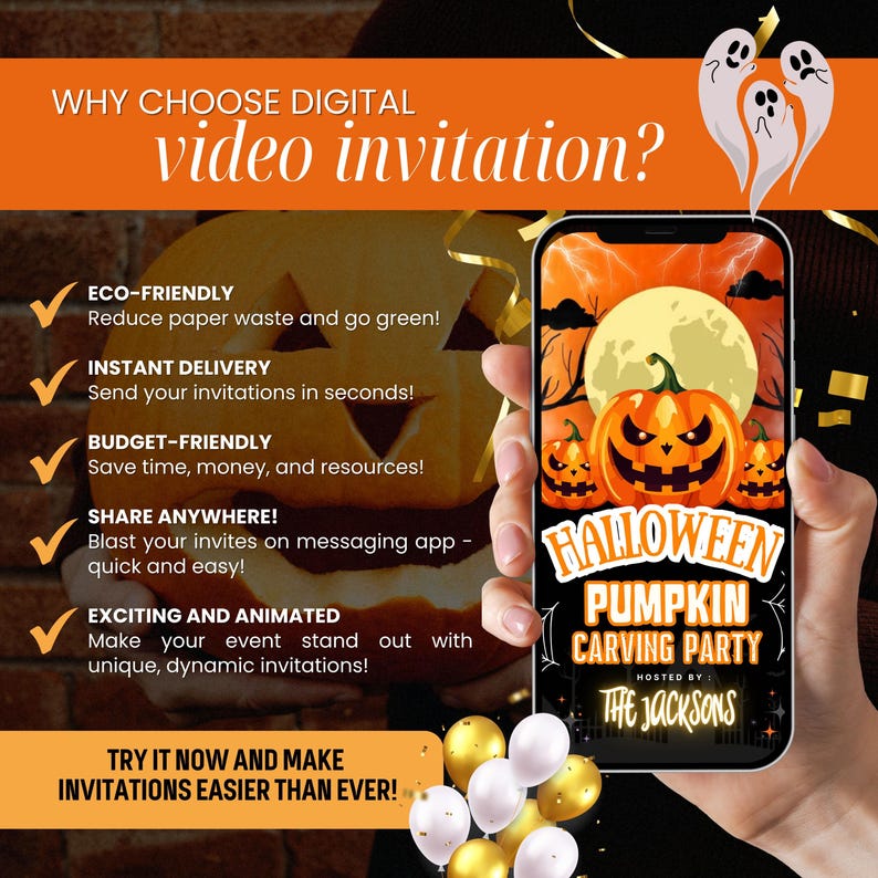 Może przedstawiać: Cyfrowe zaproszenie wideo na Halloween Pumpkin Carving Party. Projekt zawiera dynię, pełnię księżyca i tekst. Obraz promuje ekologiczne, natychmiastowe, budżetowe i udostępniane zaproszenia.