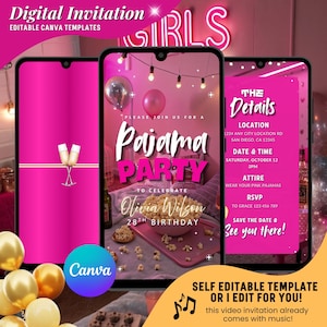 Invitación animada en video para fiesta de cumpleaños de pijamas de niñas, elegante invitación rosa, fiesta de pijamas, celebración de noche de chicas, invitación electrónica para fiesta rosa
