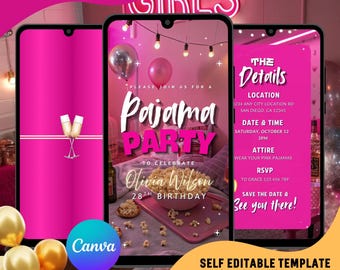 Girls Pajama Party Animated Invitation, Pink Sleepover Birthday Evite, Editable Template (Instant Download)