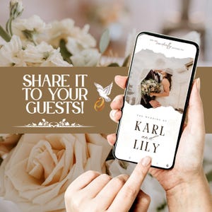 May include: A smartphone displays a wedding invitation with the text "The Wedding of Karl and Lily." The image shows a couple embracing. The background features flowers and the text "Share it to your guests!" with a dove and rings.