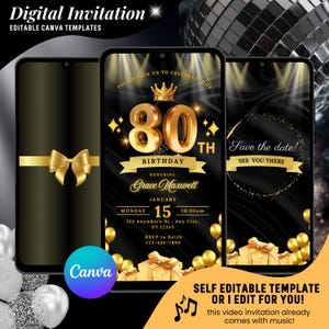 80th Birthday Invitation, Black and Gold 80th Birthday Party Animated Invitation, Dinner Party Evite, Editable Elegant Digital Video Invite