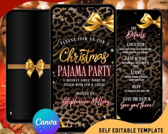 Leopard Print Christmas Pajama Party Video Invitation, Editable Holiday Slumber Party : Instant Download