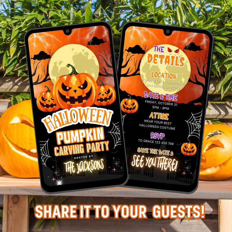 Może przedstawiać: Dwa smartfony wyświetlające zaproszenie na imprezę Halloween. Projekt zawiera dynie, pełnię księżyca oraz tekst "Halloween Pumpkin Carving Party" i "See You There!"