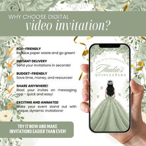 May include: A digital video invitation displayed on a smartphone, featuring a quincea&ntilde;era design with a young woman in a green gown. The image includes text promoting eco-friendly, instant delivery, budget-friendly, and shareable invitations.