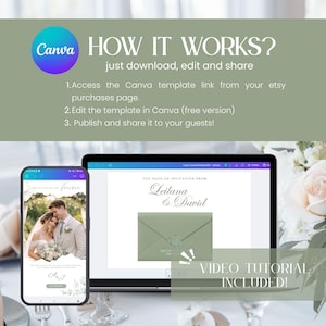 Pu&ograve; includere: Un modello digitale di invito di nozze visualizzato su un laptop e uno smartphone. Il laptop mostra un design di invito di nozze con i nomi "Leilana & David". Lo smartphone mostra una foto di nozze. Il testo "Come funziona?" &egrave; incluso.