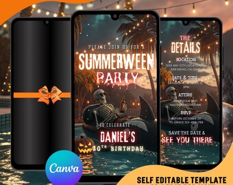 Spooky Summerween Birthday Video Invitation: Editable Halloween Party Evite (Canva Template)