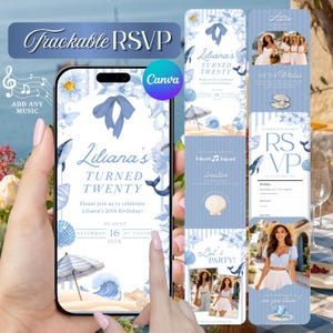 May include: A smartphone displaying a digital invitation with a beach theme. The invitation reads "Liliana's Turned Twenty" with floral and nautical elements. Additional cards show attire, gifts, location, and RSVP details. The text "Trackable RSVP" is at the top.