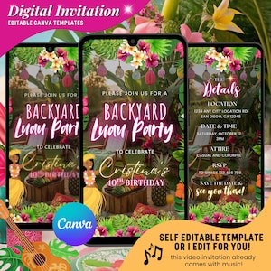 Op de afbeelding: Digitale uitnodigingssjabloon voor een Backyard Luau Party, met een tropisch thema en bloemen- en fruitillustraties. De uitnodiging bevat evenementdetails, zoals datum, tijd, locatie en RSVP-informatie. De tekst luidt "Cristina's 40e verjaardag".