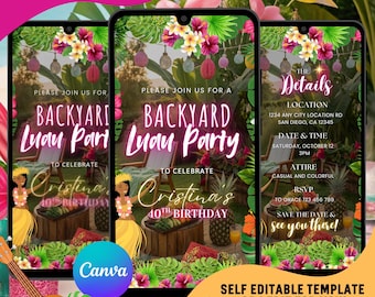 Luau Birthday Video Invitation, Tropical Party Evite (Editable Canva Template, Instant Download )