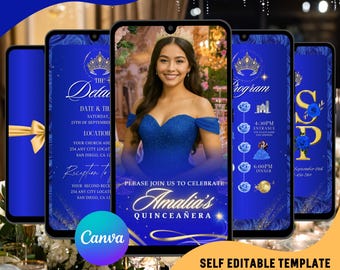 Royal Blue Quinceañera Video Invitation, Editable Floral Canva Template