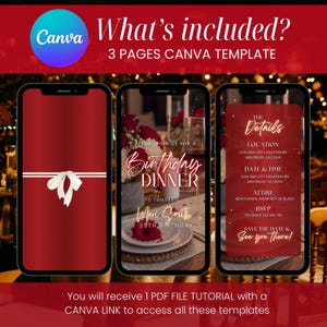 May include: A digital template for a birthday dinner invitation, displayed on three smartphones. The design features a red background with white accents and elegant script. The Canva logo is visible at the top, along with the text "What's included?" and "3 PAGES CANVA TEMPLATE."