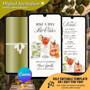 May include: Digital invitation template with a green and white design. The invitation features the text "Just a Tiny Bit Older" and details for a 30th birthday party, including date, time, location, and RSVP information. The design includes watercolor illustrations of cocktails.