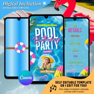 Op de afbeelding: Een digitale uitnodiging voor een pool-verjaardagsfeest. De uitnodiging heeft een blauwe pool-achtergrond met een roze flamingo-zwemband, een reddingsboei en een poolnoodle. De tekst op de uitnodiging luidt "Pool Birthday Party" en "Honoring: [Name] 20th Birthday". De uitnodiging bevat ook details over de locatie, datum, tijd, kleding en RSVP-informatie.