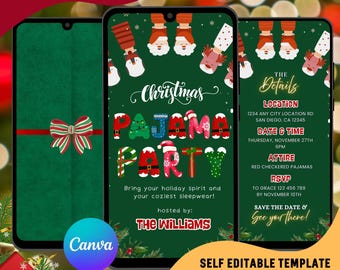 Christmas Pajama Party Video Invitation, Slumber Party Holiday Digital Evites : Editable Canva Template