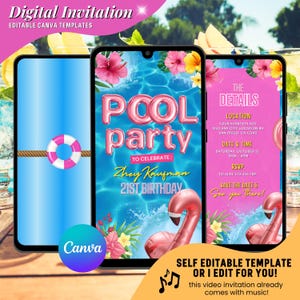 Convites em vídeo para festa na piscina rosa, convite animado com tema tropical para festa de aniversário na piscina, modelo editável de noite de verão no Canva Evite