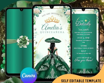 Emerald Green Quinceañera Video Invitation, Quince with Charro Hat : Editable Canva Template