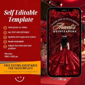 May include: A smartphone displays a Quincea&ntilde;era invitation with a red rose background. The invitation features the name "Araceli's" in gold script. The left side shows a template description with editable features and file size.