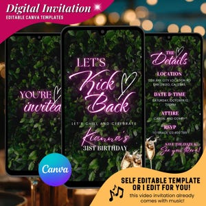 Puede incluir: Plantilla de invitaci&oacute;n digital para una fiesta de cumplea&ntilde;os n&uacute;mero 31. El dise&ntilde;o presenta tres pantallas de tel&eacute;fono inteligente con un fondo de follaje verde. El texto incluye "Let's Kick Back", detalles del evento y "You're Invited".