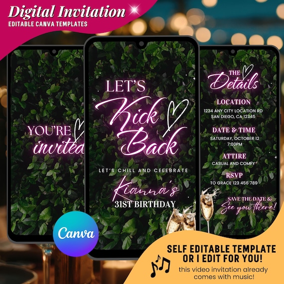 Let's Kickback Birthday Invitation, Kickback Bash Outdoor BBQ Party Evites : Editable Canva Template