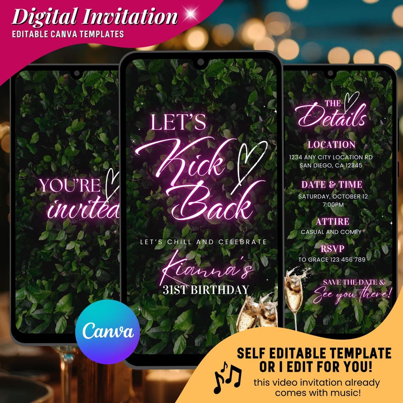 Puede incluir: Plantilla de invitaci&oacute;n digital para una fiesta de cumplea&ntilde;os n&uacute;mero 31. El dise&ntilde;o presenta tres pantallas de tel&eacute;fono inteligente con un fondo de follaje verde. El texto incluye "Let's Kick Back", detalles del evento y "You're Invited".