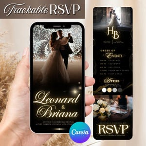 Può includere: Uno smartphone mostra un invito di nozze con "Trackable RSVP." L'invito presenta una coppia che balla, con i nomi "Leonard & Briana." Il design include i dettagli dell'evento, una composizione floreale e un logo "Canva".