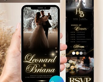 May include: A smartphone displays a wedding invitation with the text "Trackable RSVP." The invitation features a couple dancing, with the names "Leonard & Briana." The design includes event details, a floral arrangement, and a "Canva" logo.