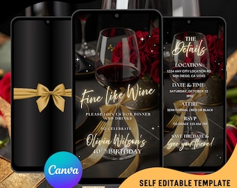 Può includere: Modello di invito digitale su schermo di smartphone, con un bicchiere di vino rosso e la scritta "Fine Like Wine". L'invito include i dettagli per una festa del 40° compleanno, con un fiocco dorato e accenti floreali.