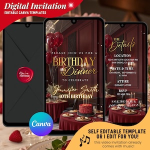 May include: Digital invitation template for a birthday dinner, featuring a black envelope with a red wax seal and three smartphone screens. The screens display event details, including the name "Jennifer Smith" and "40th Birthday."