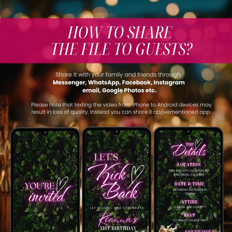 Puede incluir: Dise&ntilde;o de invitaci&oacute;n con tres pantallas de tel&eacute;fono inteligente. Las pantallas muestran los detalles del evento: "You're Invited", "Let's Kick Back" y "The Details". La invitaci&oacute;n incluye la ubicaci&oacute;n del evento, la fecha, la hora, la vestimenta y la informaci&oacute;n de RSVP. El texto "How to Share the File to Guests?" est&aacute; en la parte superior.