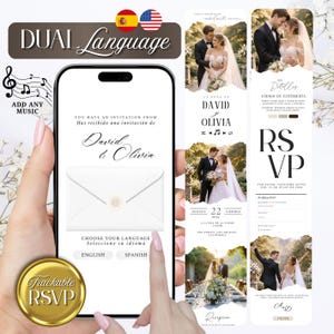 Pode incluir: Um convite de casamento digital exibido na tela de um smartphone, com um ícone de envelope branco e um selo de cera. A interface inclui botões de seleção de idioma para inglês e espanhol, além de painéis verticais que mostram fotos de casamento de um casal, detalhes do evento, um código de vestimenta e um formulário de confirmação de presença com recursos de rastreamento.