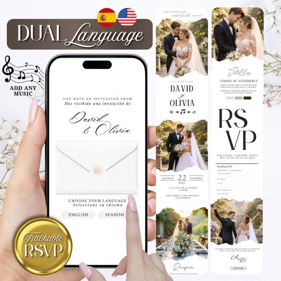 Minimalist Wedding Website Invitation, 2 in 1 Spanish and English Template : Instant Download