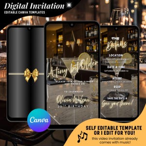 Convite em vídeo para aniversário um pouco mais velho, convite digital para jantar feminino Black Martini, convite animado para coquetel para moças elegantes