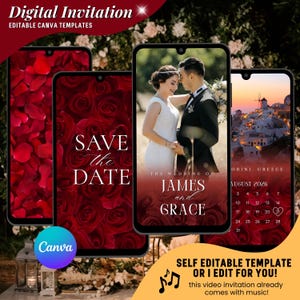 May include: Digital wedding invitation templates displayed on smartphones. One features a couple, another a rose background, and a third shows a calendar. Text includes "Save the Date," "The Wedding of James and Grace," and "August 2026."