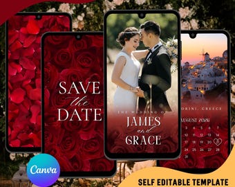 Elegant Wedding Save the Date Video Invitation, Red Floral Wedding Evite : Editable Template (Instant Download)