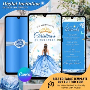 Quinceaño Einladung, hellblaue Sweet 15 Video-Einladung, Digital Mis Quince Anos Geburtstag Digitale Einladung, Eleganter 15