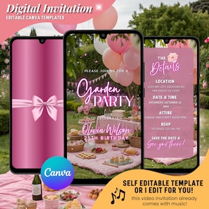 Convite em vídeo para festa no jardim rosa, convites animados para aniversário com jardim floral, convite digital para festa de aniversário no jardim ao ar livre, convite para piquenique