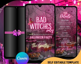 Może przedstawiać: Cyfrowy szablon zaproszenia na imprezę Halloween na ekranie smartfona. Zaproszenie zawiera tekst "Bad Witches Only" i szczegóły wydarzenia. Projekt zawiera różowy kapelusz czarownicy, pajęczyny i kokardę.
