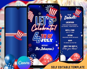 4th of July Editable Party Digital Video Invitation, 4th of July Animated Invites, Outdoor Party Editable Templates, Patriotic Invite Evite