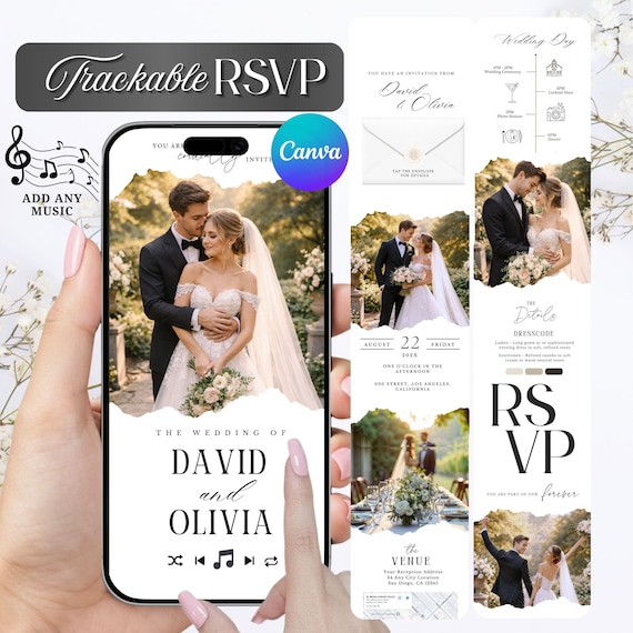 Minimalist Wedding Website Invitation, Trackable RSVP and with Audio : Instant Download