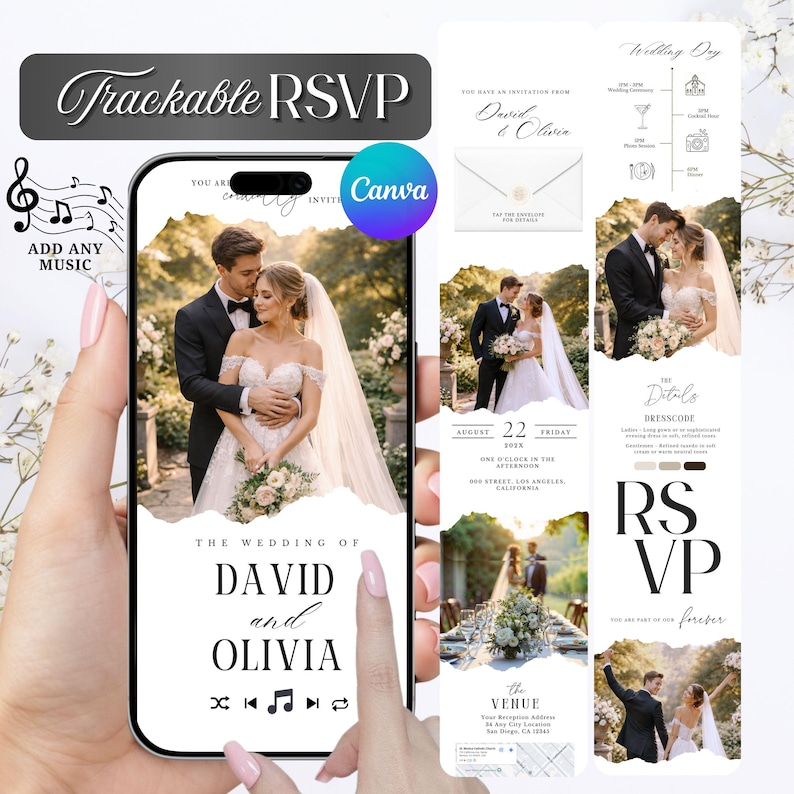 Op de afbeelding: Een smartphone toont een trouwkaartontwerp met de tekst "Trackable RSVP" en "The Wedding of David and Olivia". Het ontwerp bevat afbeeldingen van een stel, evenementdetails en RSVP-informatie. Het Canva-logo is zichtbaar.