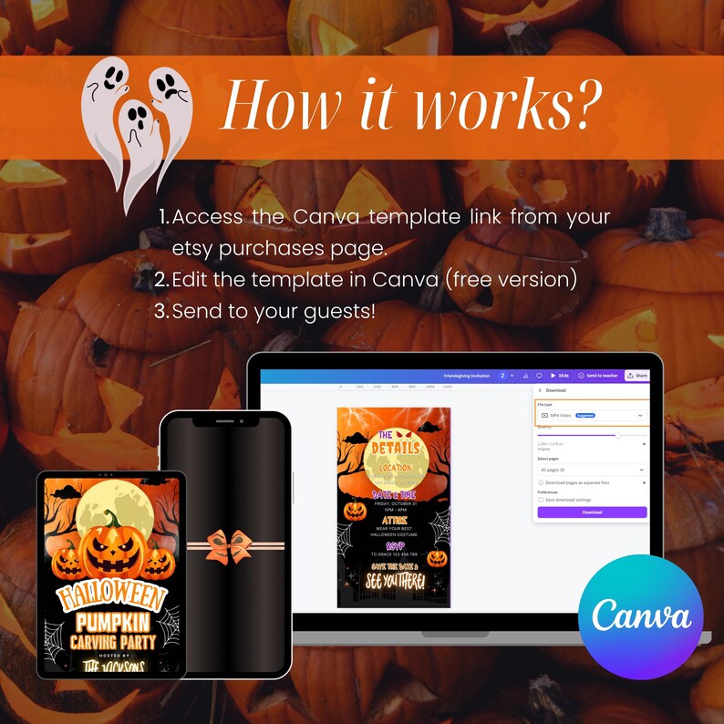 Może przedstawiać: Cyfrowy projekt zaproszenia na imprezę z okazji Halloween, wyświetlany na tablecie, telefonie i laptopie. Projekt zawiera dynie, pełnię księżyca oraz tekst "How it works?" i "Canva".