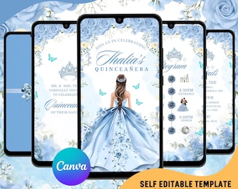 Light Blue Quinceañera Video Invitation, Editable Canva Template (Instant Download)